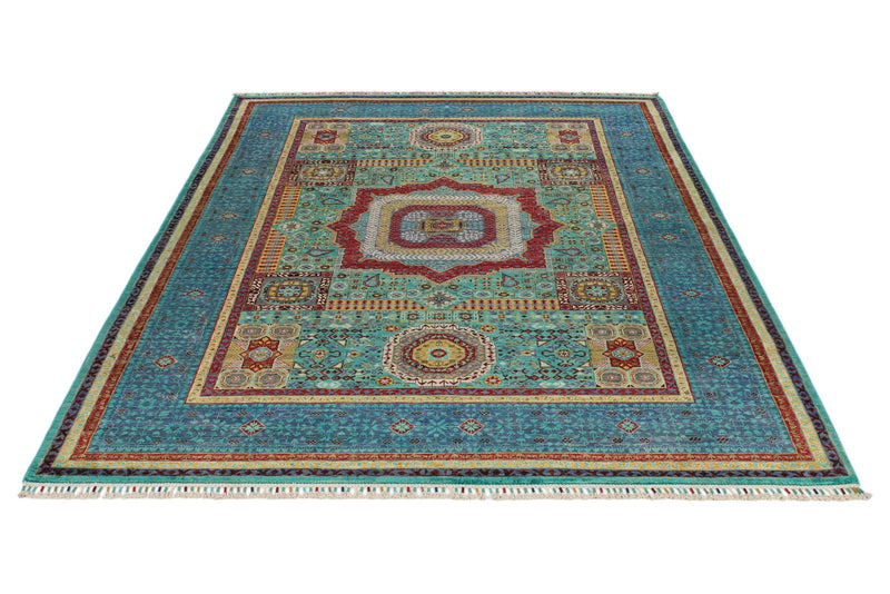 6x8 Green and Navy Turkish Tribal Rug