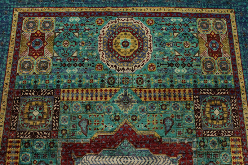 6x8 Green and Navy Turkish Tribal Rug