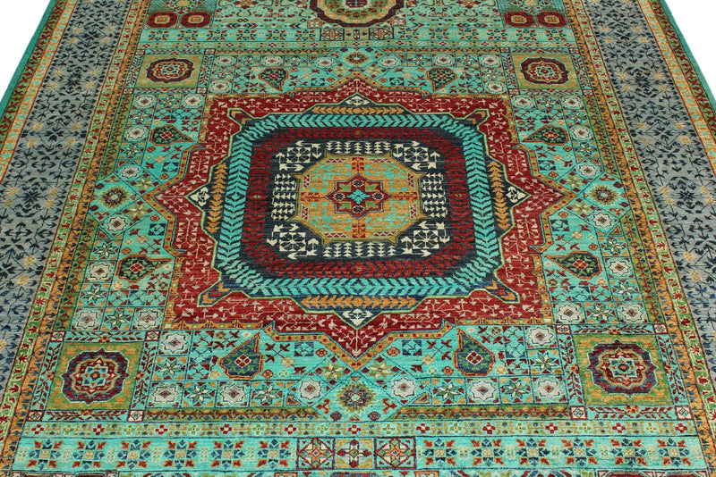 6x8 Green and Gray Turkish Tribal Rug