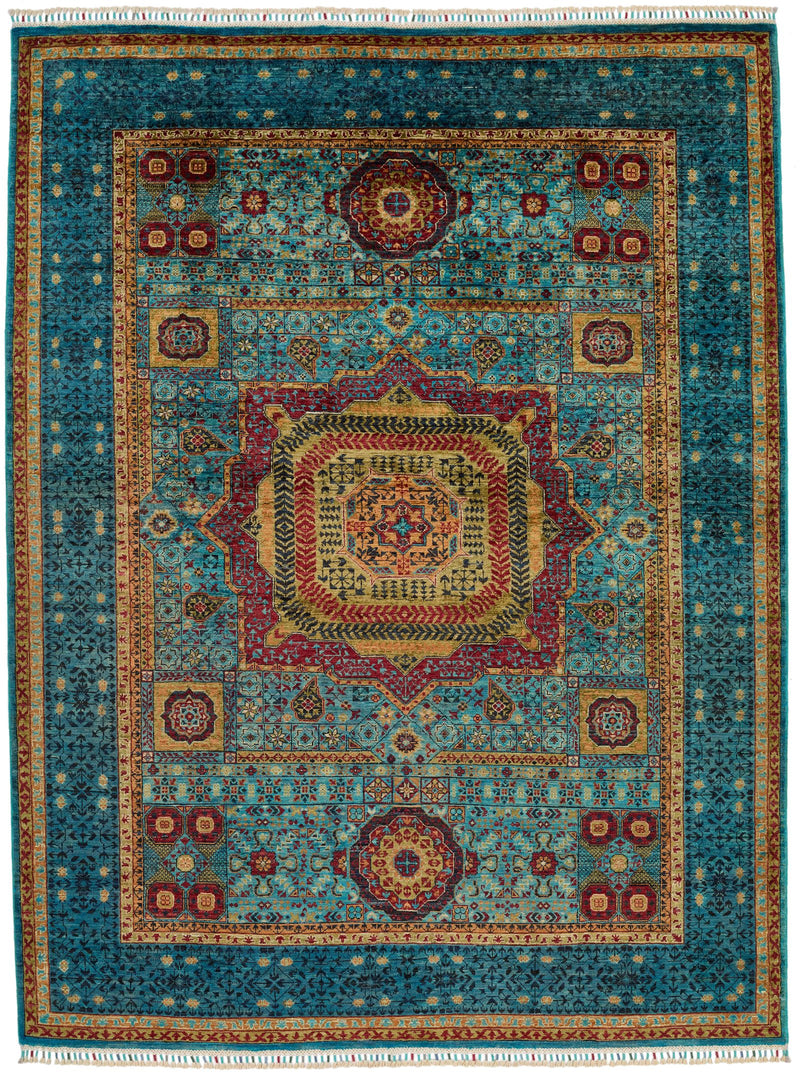 6x8 Light Blue and Blue Turkish Tribal Rug