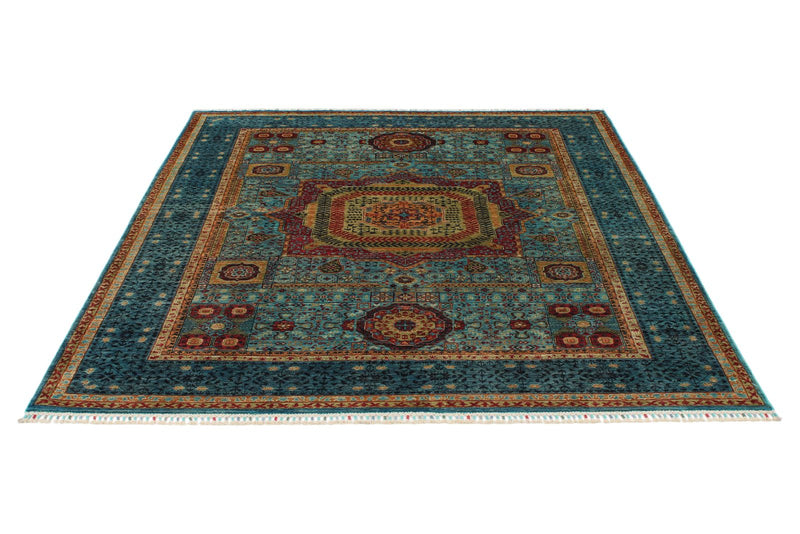 6x8 Light Blue and Blue Turkish Tribal Rug