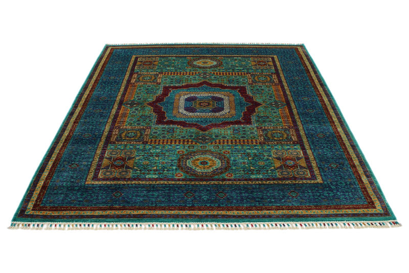 6x8 Turquoıse and Navy Turkish Tribal Rug