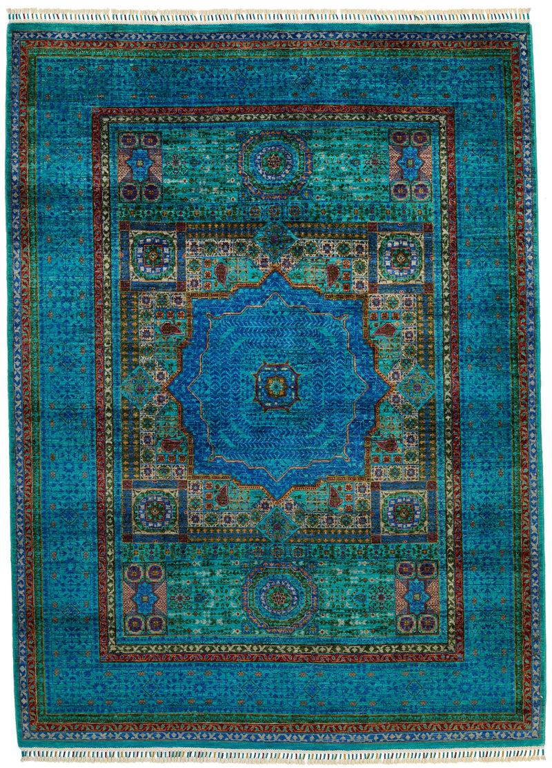 6x8 Green and Blue Turkish Tribal Rug