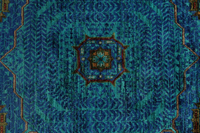 6x8 Green and Blue Turkish Tribal Rug