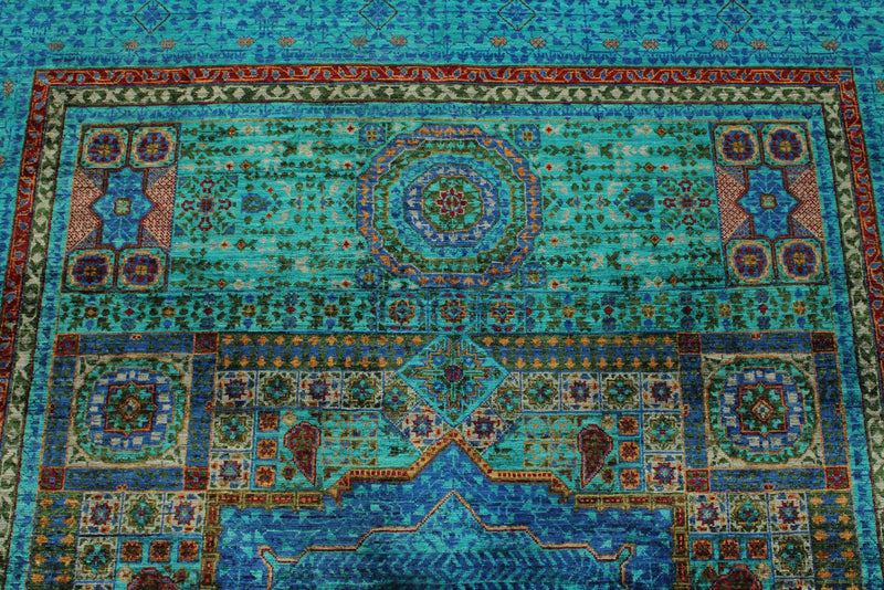 6x8 Green and Blue Turkish Tribal Rug