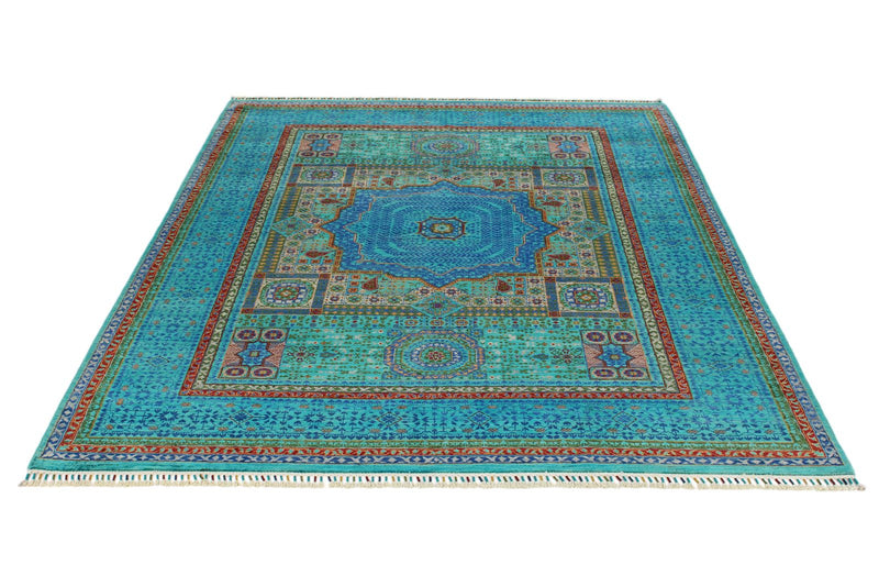 6x8 Green and Blue Turkish Tribal Rug