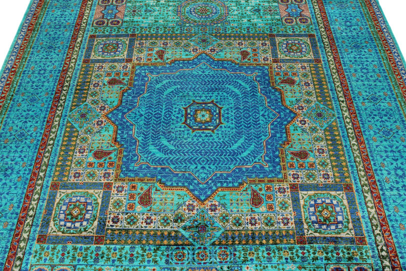 6x8 Green and Blue Turkish Tribal Rug