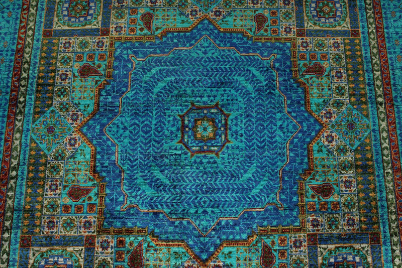 6x8 Green and Blue Turkish Tribal Rug