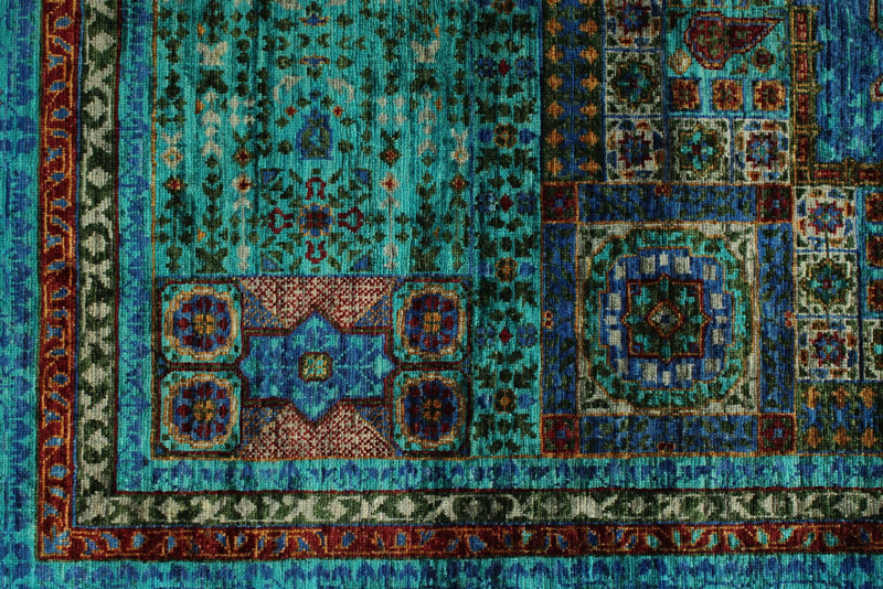 6x8 Green and Blue Turkish Tribal Rug