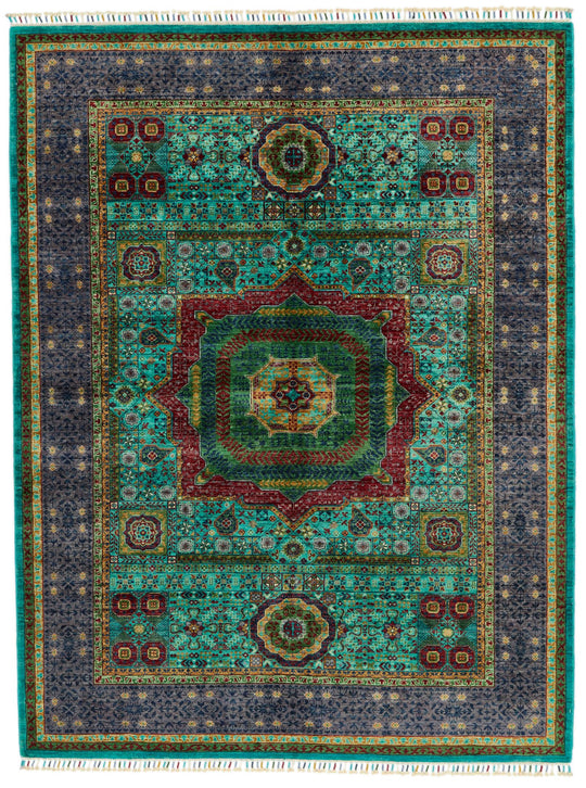 6x8 Light Blue and Gray Turkish Tribal Rug