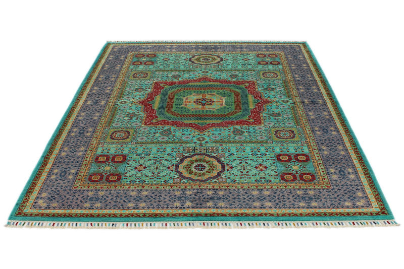 6x8 Light Blue and Gray Turkish Tribal Rug