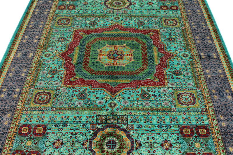 6x8 Light Blue and Gray Turkish Tribal Rug