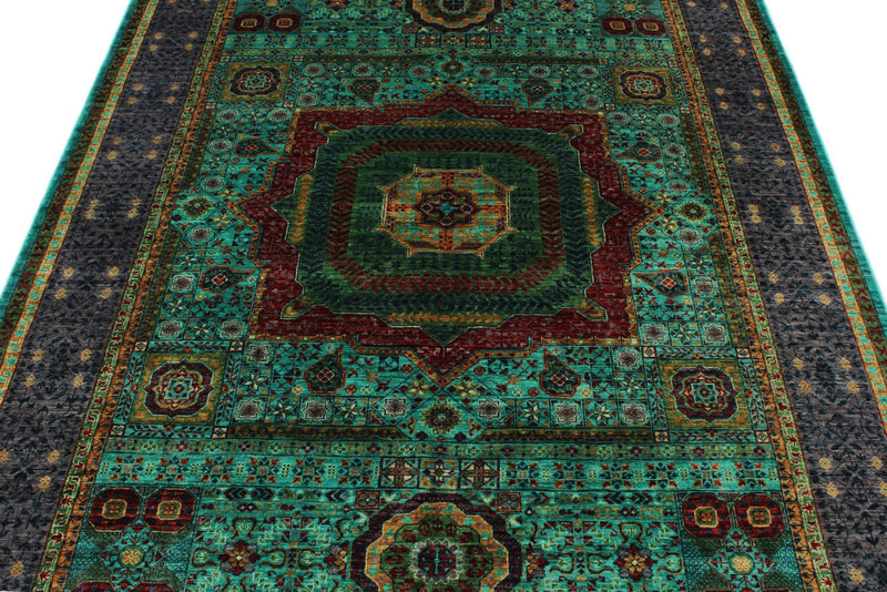 6x8 Light Blue and Gray Turkish Tribal Rug