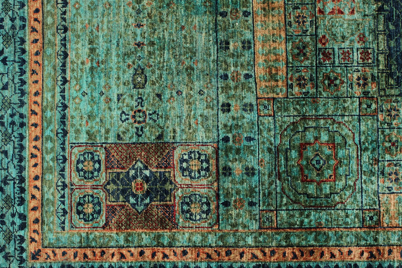 6x8 Green and Multicolor Turkish Tribal Rug