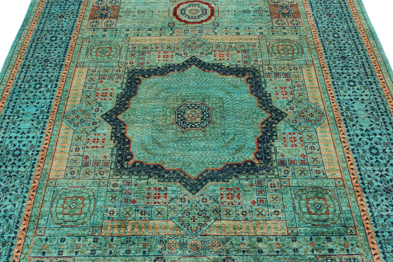 6x8 Green and Multicolor Turkish Tribal Rug