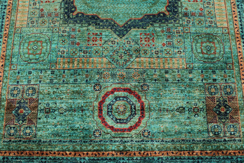 6x8 Green and Multicolor Turkish Tribal Rug