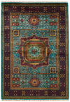 6x8 Blue and Dark Rust Turkish Tribal Rug