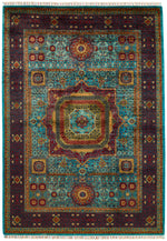 6x8 Blue and Dark Rust Turkish Tribal Rug