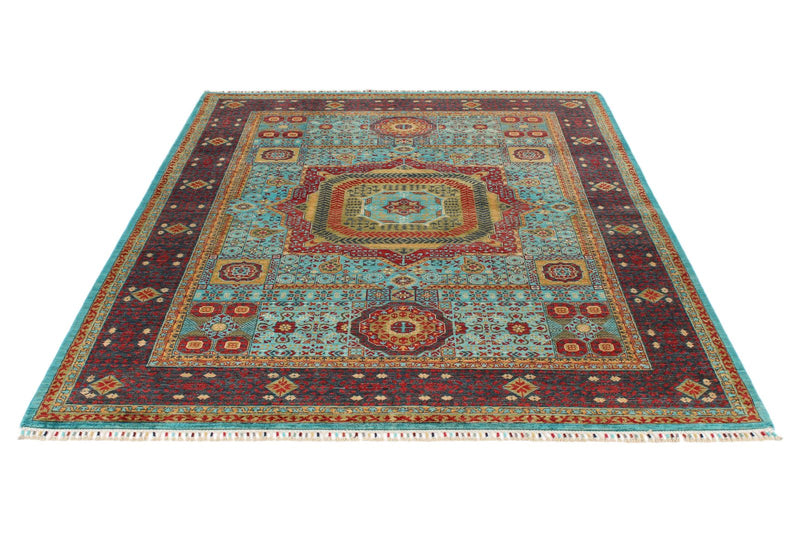 6x8 Blue and Dark Rust Turkish Tribal Rug