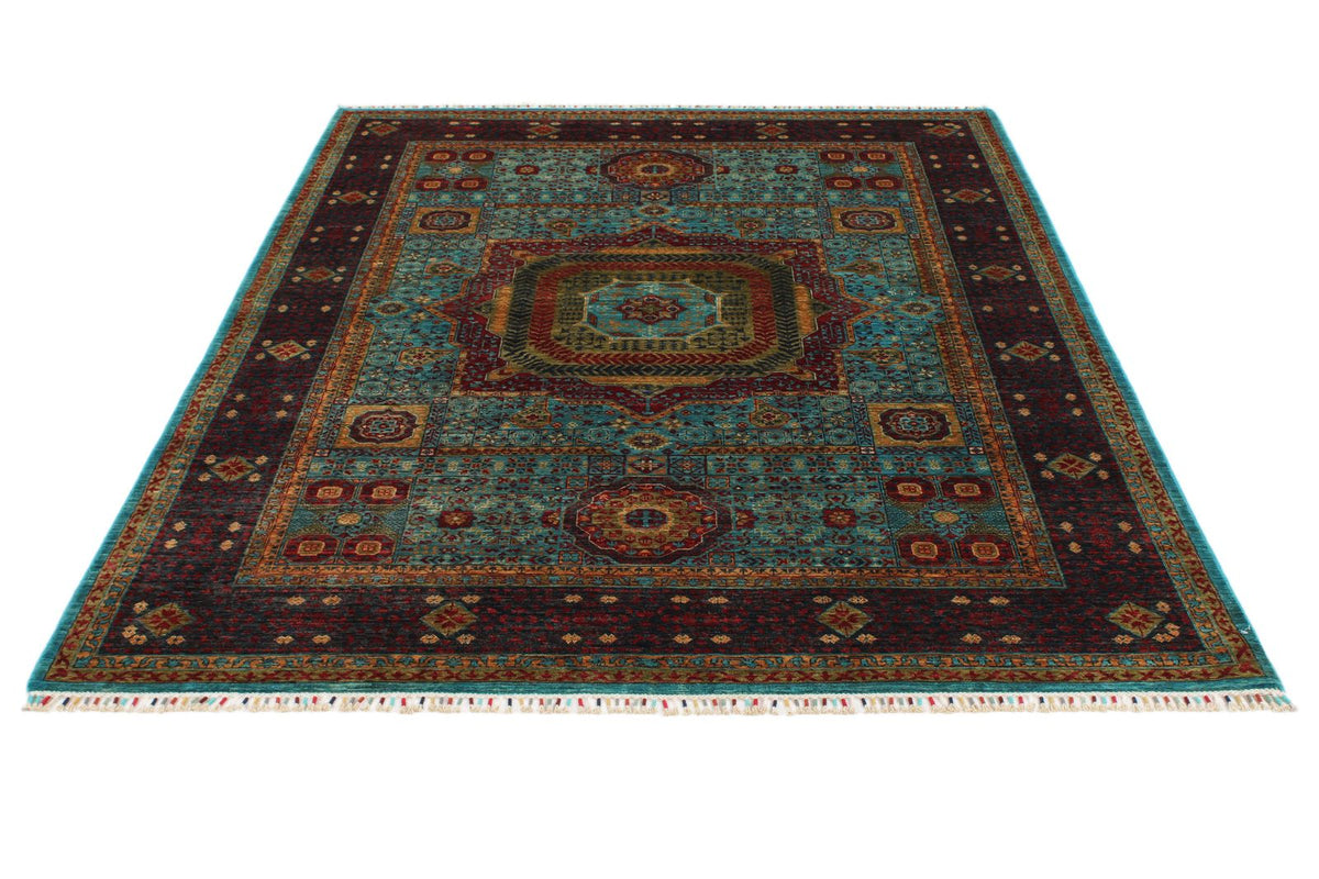 6x8 Blue and Dark Rust Turkish Tribal Rug