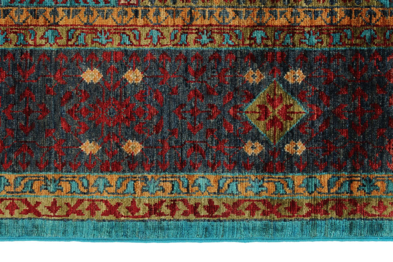 6x8 Blue and Dark Rust Turkish Tribal Rug