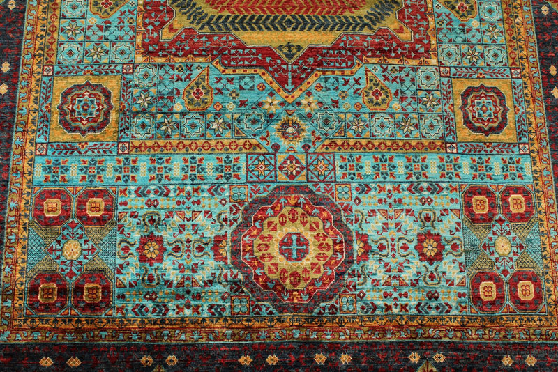 6x8 Blue and Dark Rust Turkish Tribal Rug