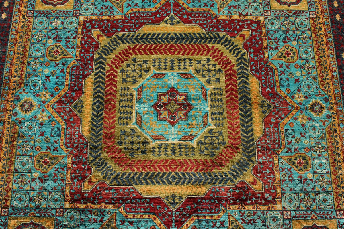 6x8 Blue and Dark Rust Turkish Tribal Rug