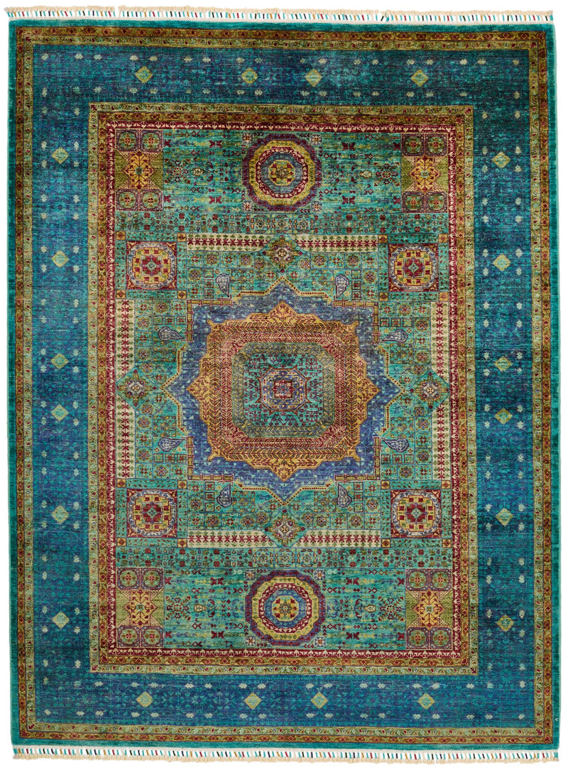 6x8 Green and Blue Turkish Tribal Rug