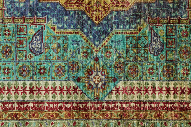 6x8 Green and Blue Turkish Tribal Rug