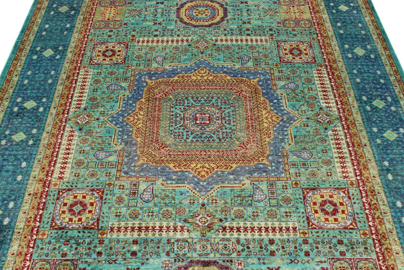 6x8 Green and Blue Turkish Tribal Rug