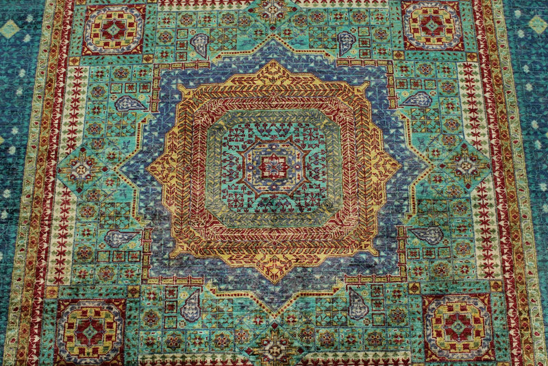 6x8 Green and Blue Turkish Tribal Rug