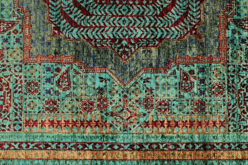 6x8 Green and Green Turkish Tribal Rug