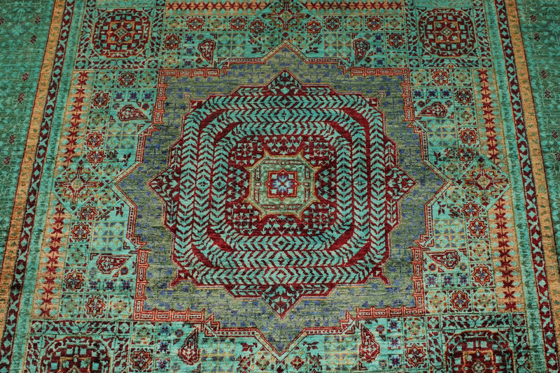 6x8 Green and Green Turkish Tribal Rug