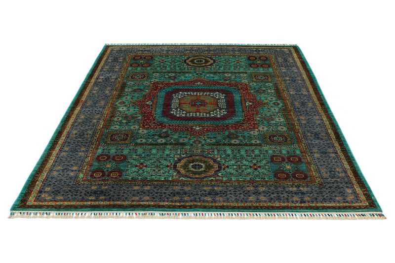 6x8 Turquoıse and Gray Turkish Tribal Rug