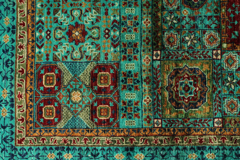 6x8 Light Green and Green Turkish Tribal Rug