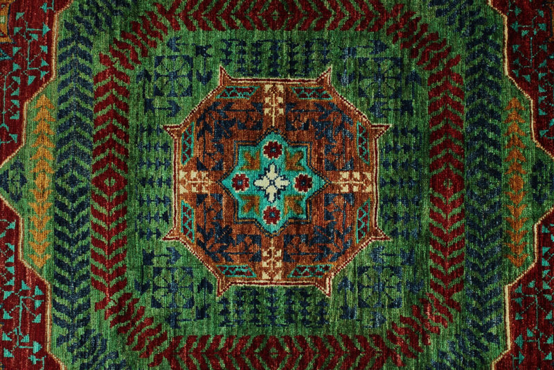 6x8 Light Green and Green Turkish Tribal Rug