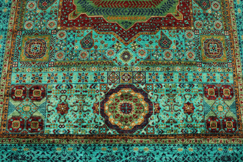 6x8 Light Green and Green Turkish Tribal Rug