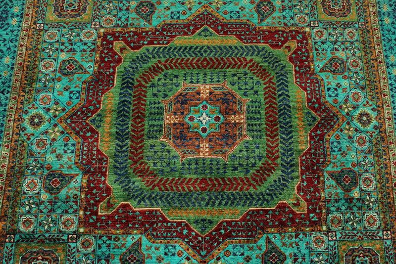 6x8 Light Green and Green Turkish Tribal Rug