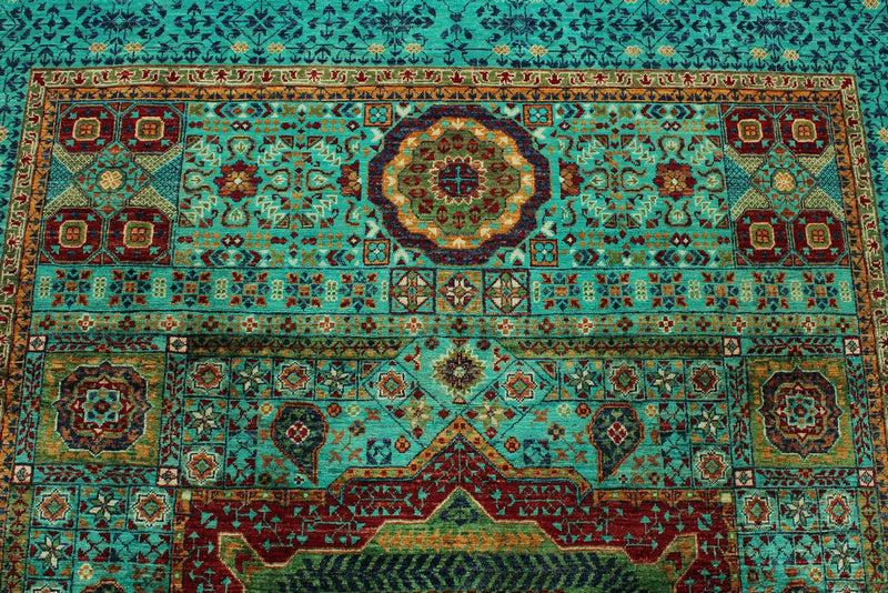 6x8 Light Green and Green Turkish Tribal Rug