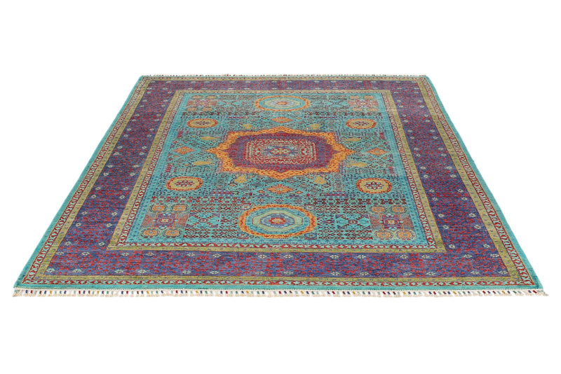 6x8 Light Blue and Purple Turkish Tribal Rug