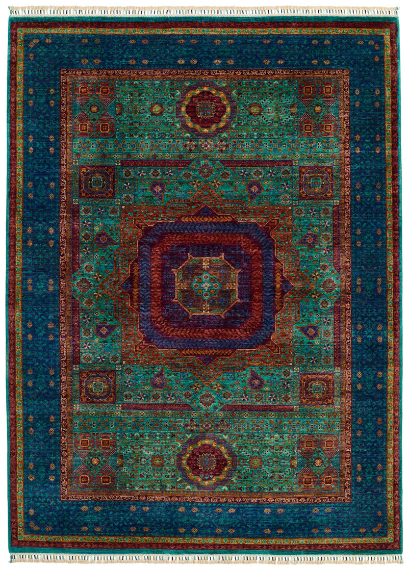 6x8 Green and Navy Turkish Tribal Rug