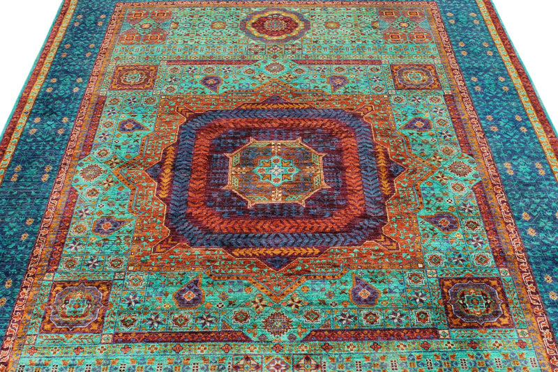 6x8 Green and Navy Turkish Tribal Rug