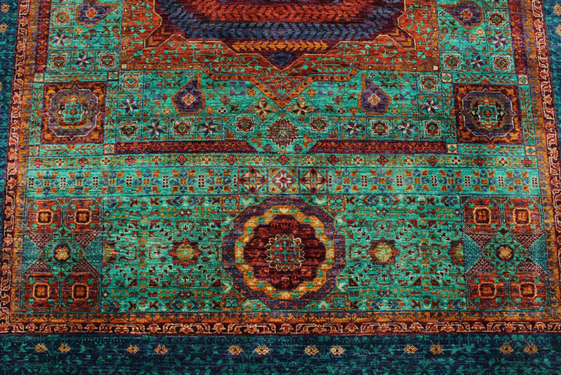 6x8 Green and Navy Turkish Tribal Rug