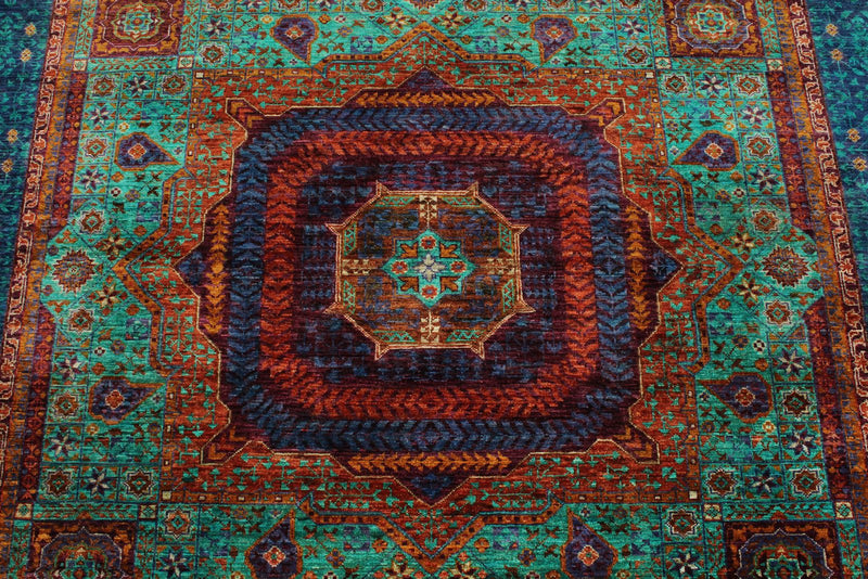 6x8 Green and Navy Turkish Tribal Rug