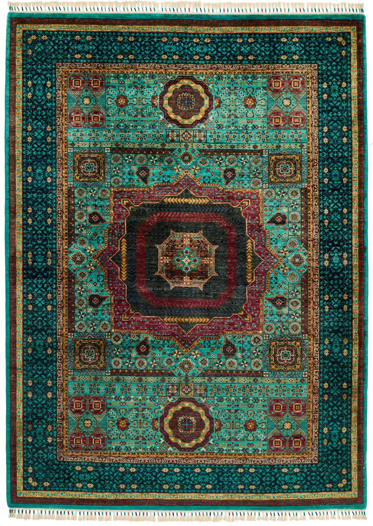 6x8 Green and Navy Turkish Tribal Rug