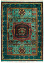 6x8 Green and Navy Turkish Tribal Rug