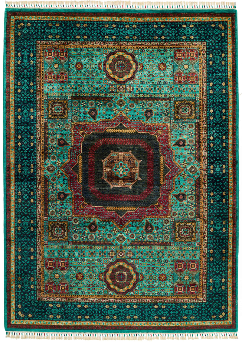 6x8 Green and Navy Turkish Tribal Rug