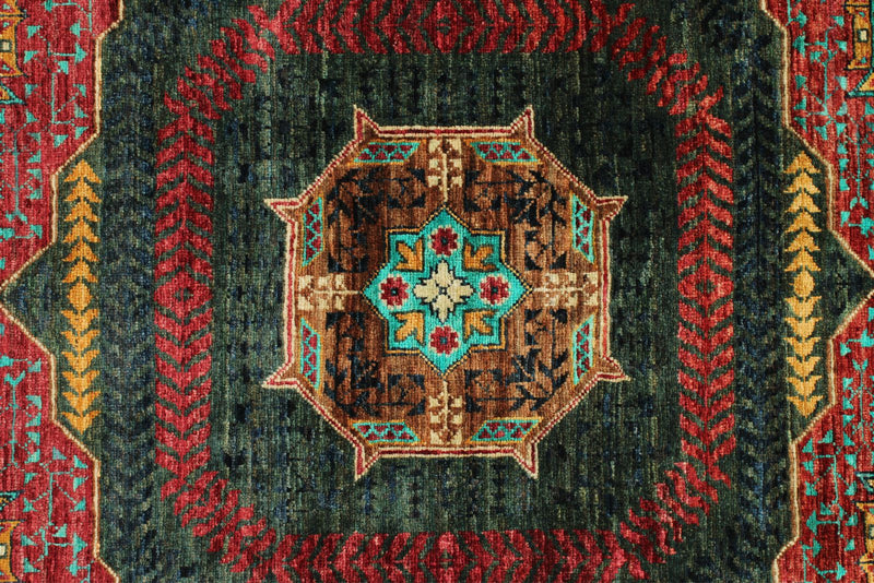 6x8 Green and Navy Turkish Tribal Rug