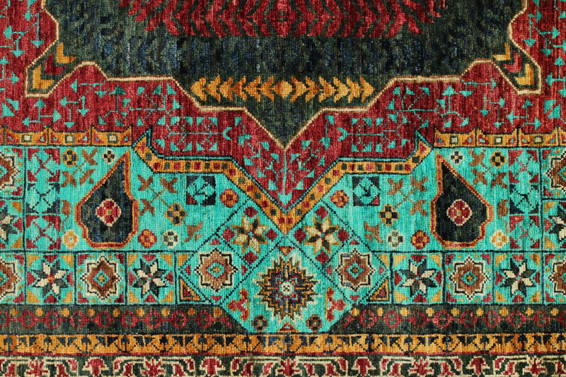 6x8 Green and Navy Turkish Tribal Rug