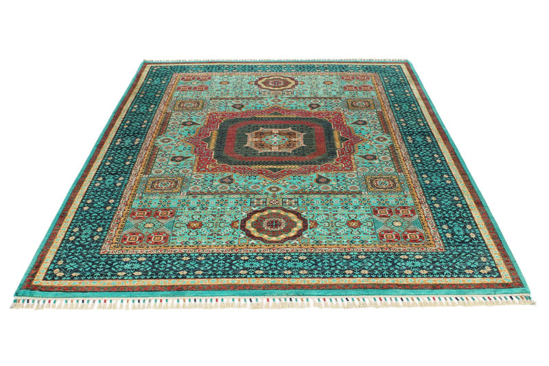 6x8 Green and Navy Turkish Tribal Rug